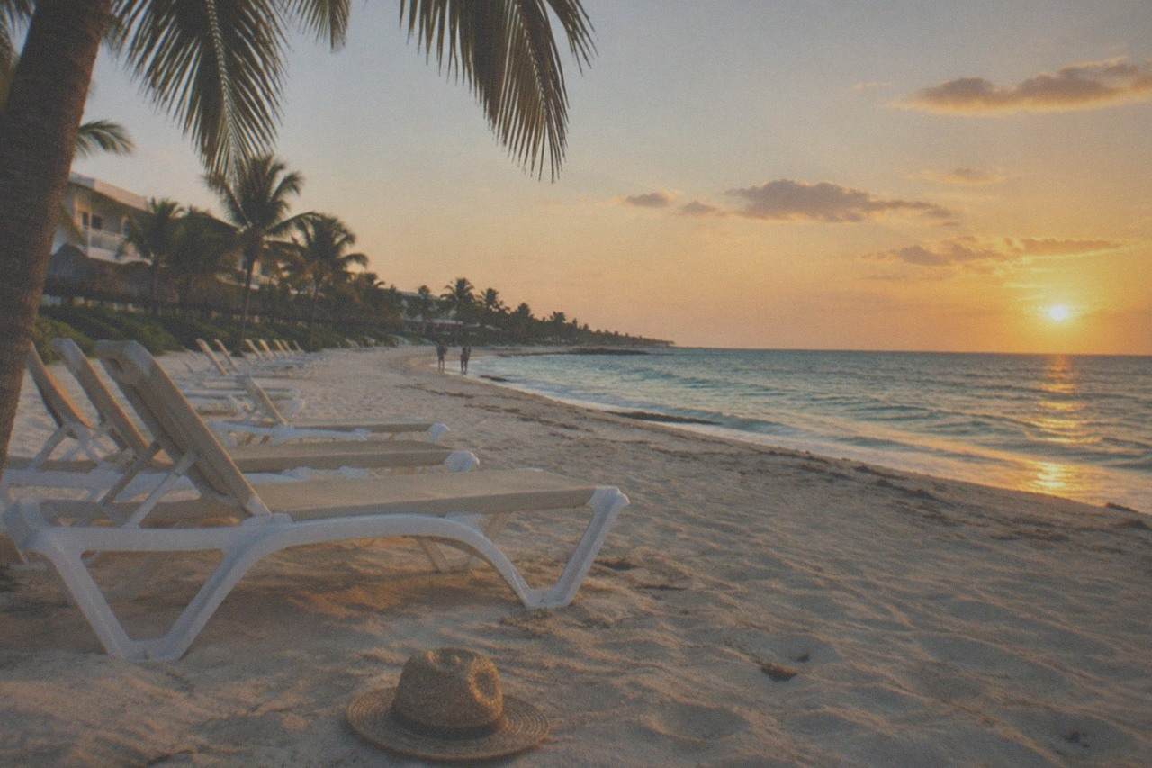Empty lounge chairs under palm trees facing a calm Caribbean beach in Playa del Carmen