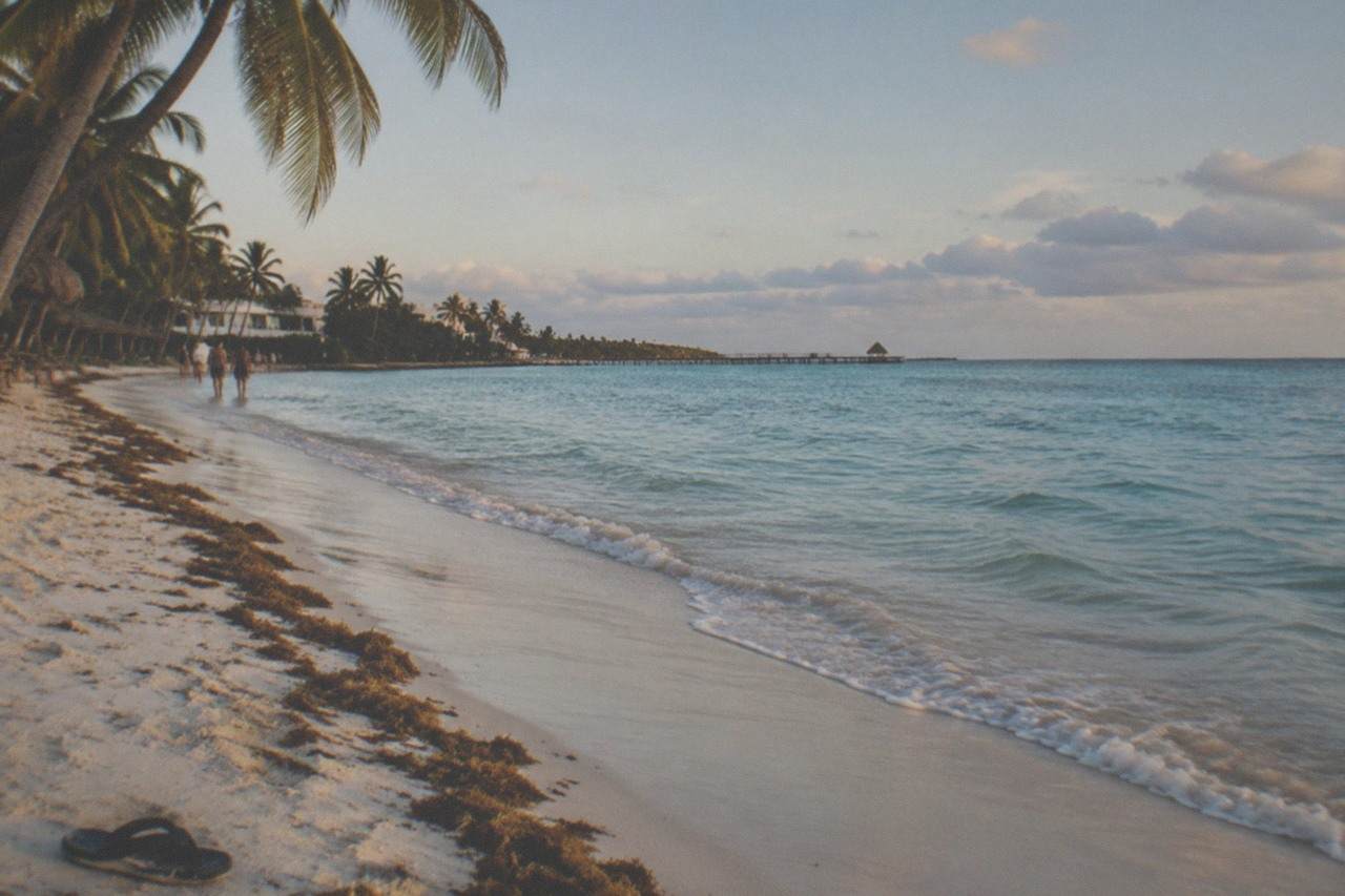 Calm turquoise water and pale sand along a quiet stretch of Riviera Maya coastline