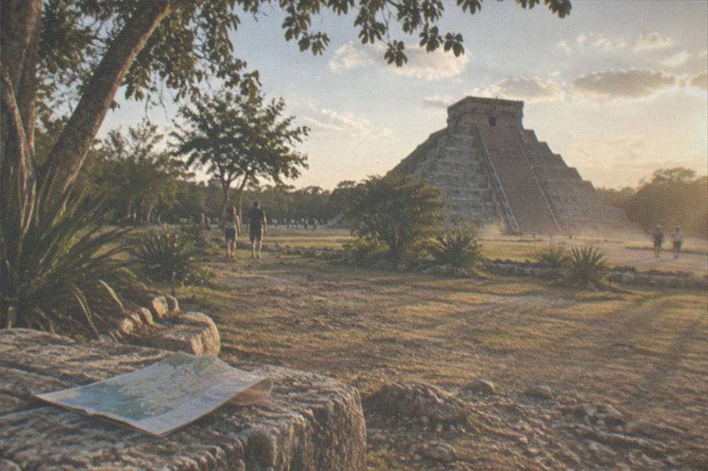 Ancient stone pyramid rising above low forested hills in the late afternoon