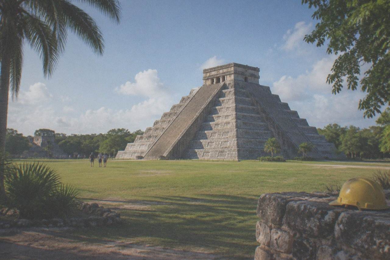 The stepped stone pyramid of El Castillo rising above green lawn and palm trees under a bright sky