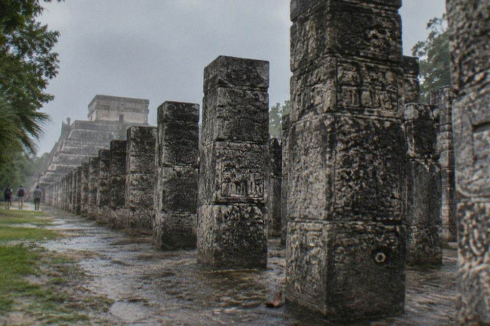 Rows of carved stone columns at the Temple of the Warriors complex in Chichen Itza