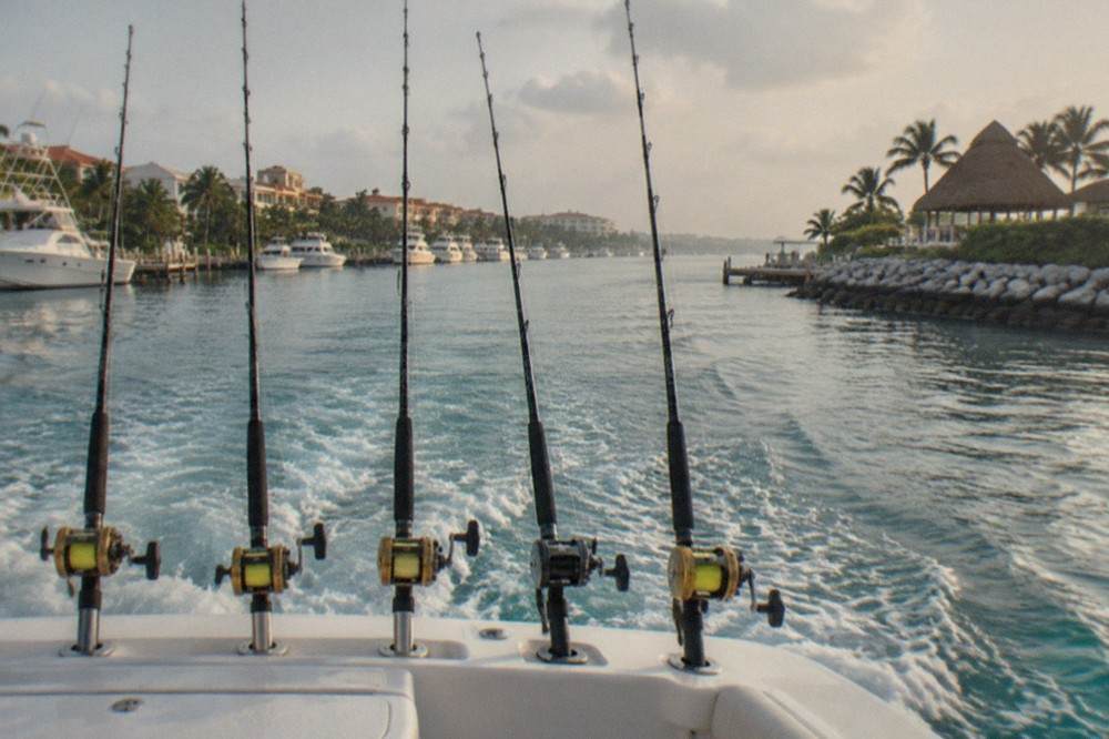 Sportfishing boat cruising over clear Caribbean water with fishing rods mounted on the stern