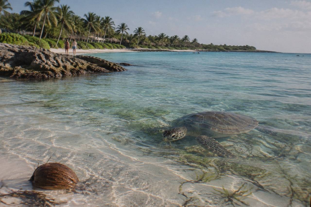 Wide establishing view. A sea turtle grazing on seagrass in the clear shallow water of Akumal Bay, sandy seafloor visible, no people.