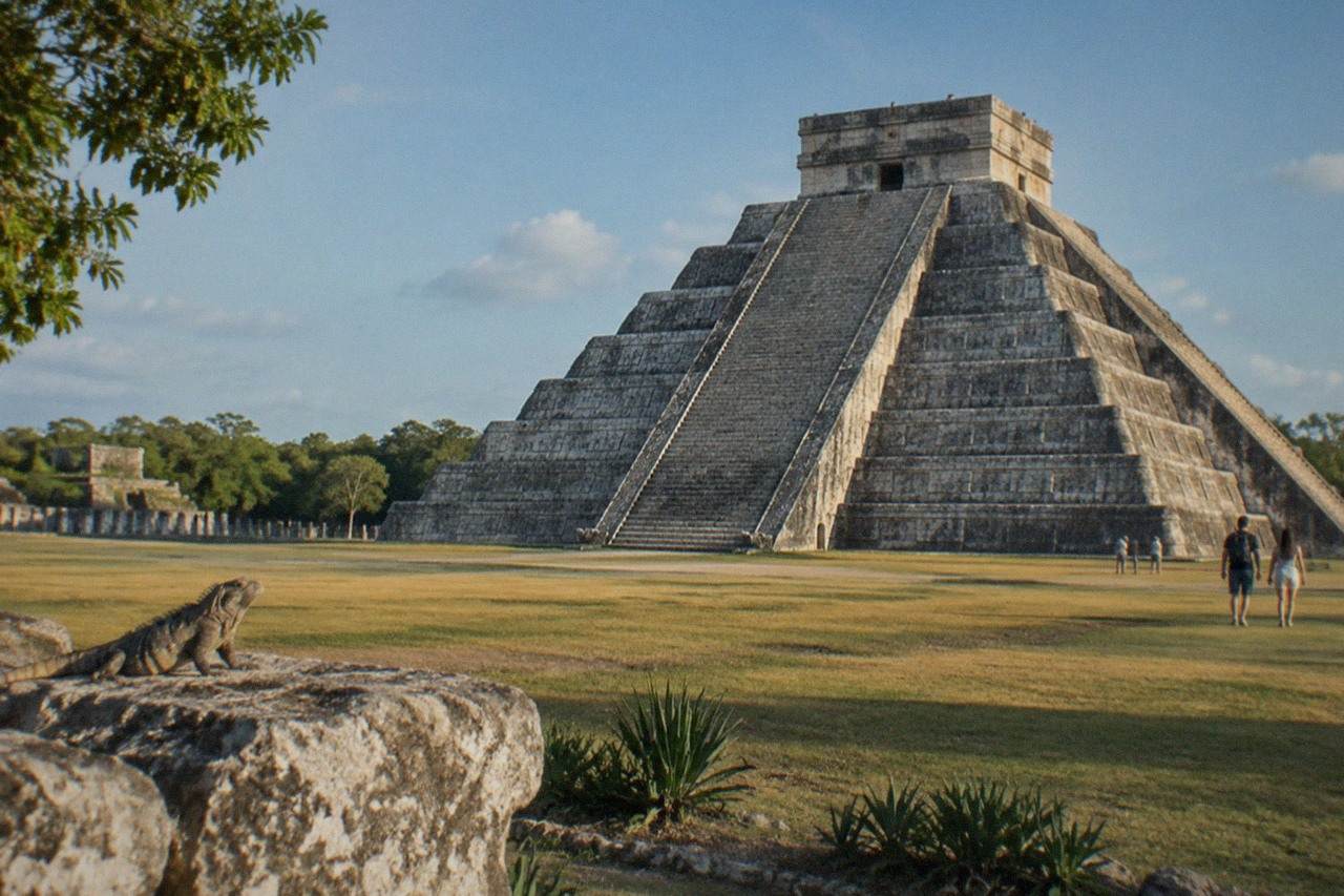 Wide establishing view. The stepped pyramid of Chichen Itza on an open plain under bright sky, carved stone facade in the foreground, no people.